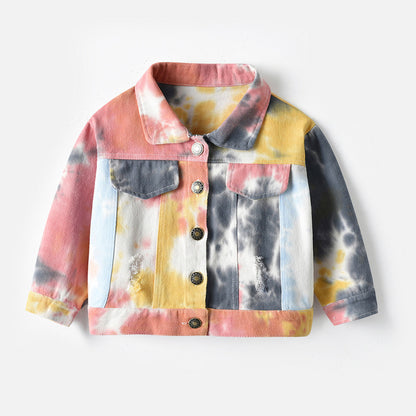 Multi gekleurde Tie-Dye Denim Jacket Met Revers En Lange Mouwen