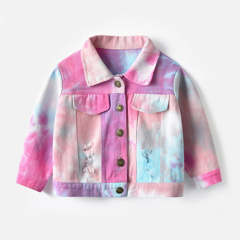 Multi gekleurde Tie-Dye Denim Jacket Met Revers En Lange Mouwen