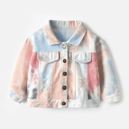 Multi gekleurde Tie-Dye Denim Jacket Met Revers En Lange Mouwen